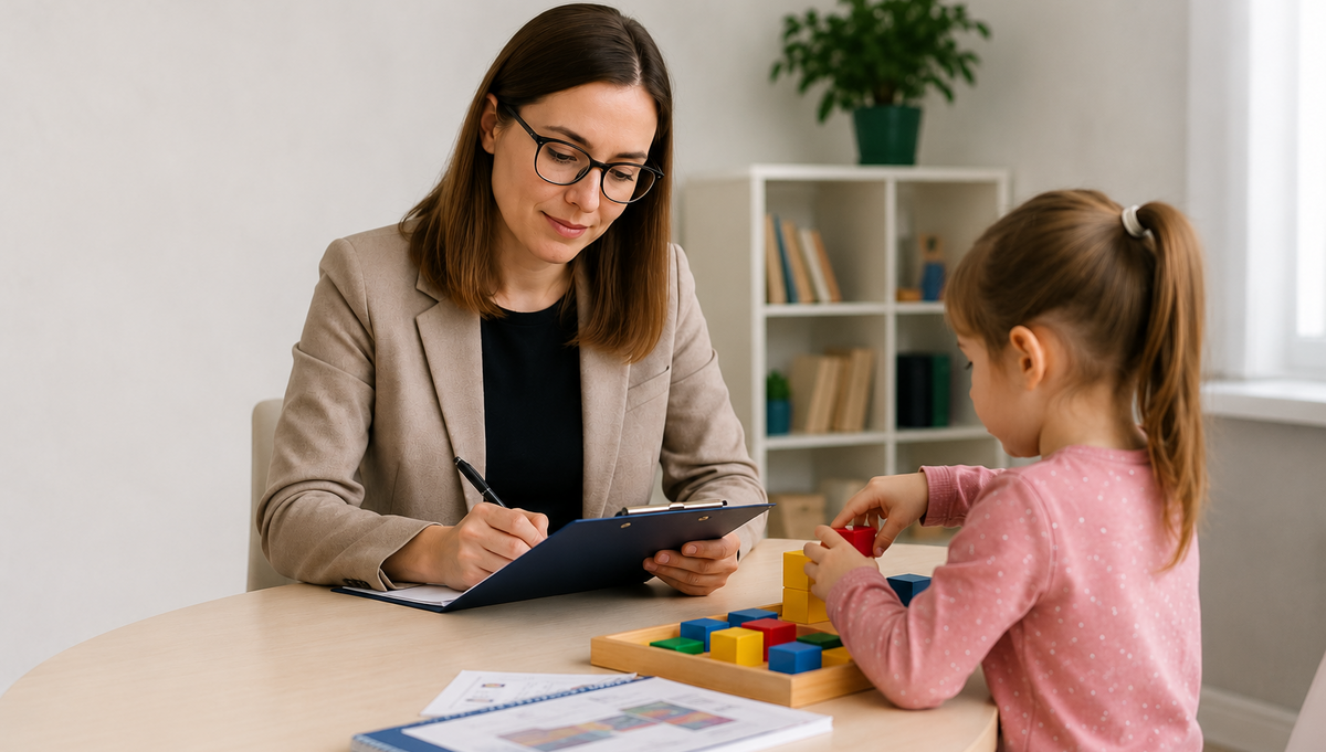 Speciāliste veic bērna attīstības novērtēšanu, kamēr meitene darbojas ar krāsainiem klucīšiem.