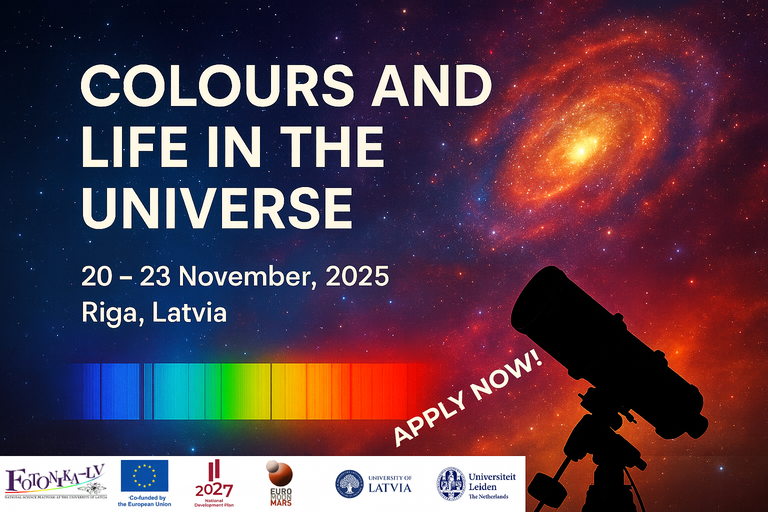 A poster featuring a colorful galaxy and the silhouette of a telescope. Text: “Colours and Life in the Universe