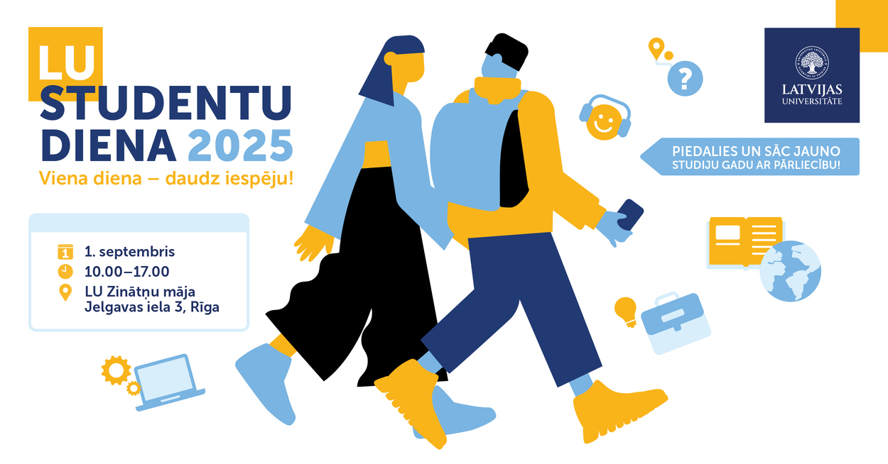 Plakāts 'LU Studentu diena 2025' – pasākums 1. septembrī LU Zinātņu mājā, Rīgā. Attēlā divi studenti un dažādi studiju simboli, redzams LU logotips un sauklis 'Viena diena – daudz iespēju!