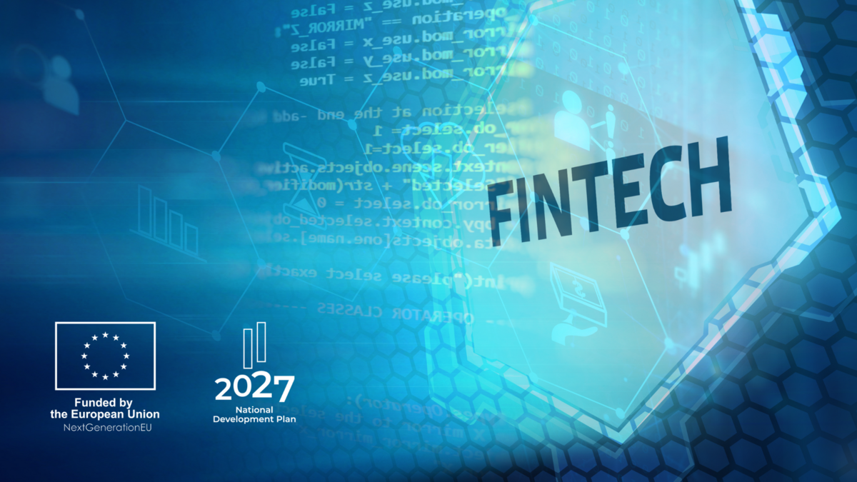 Uzraksts FINTECH uz digitāla fona ar tehnoloģiju ikonām un Eiropas Savienības NextGenerationEU un 2027. gada plāna logotipiem
