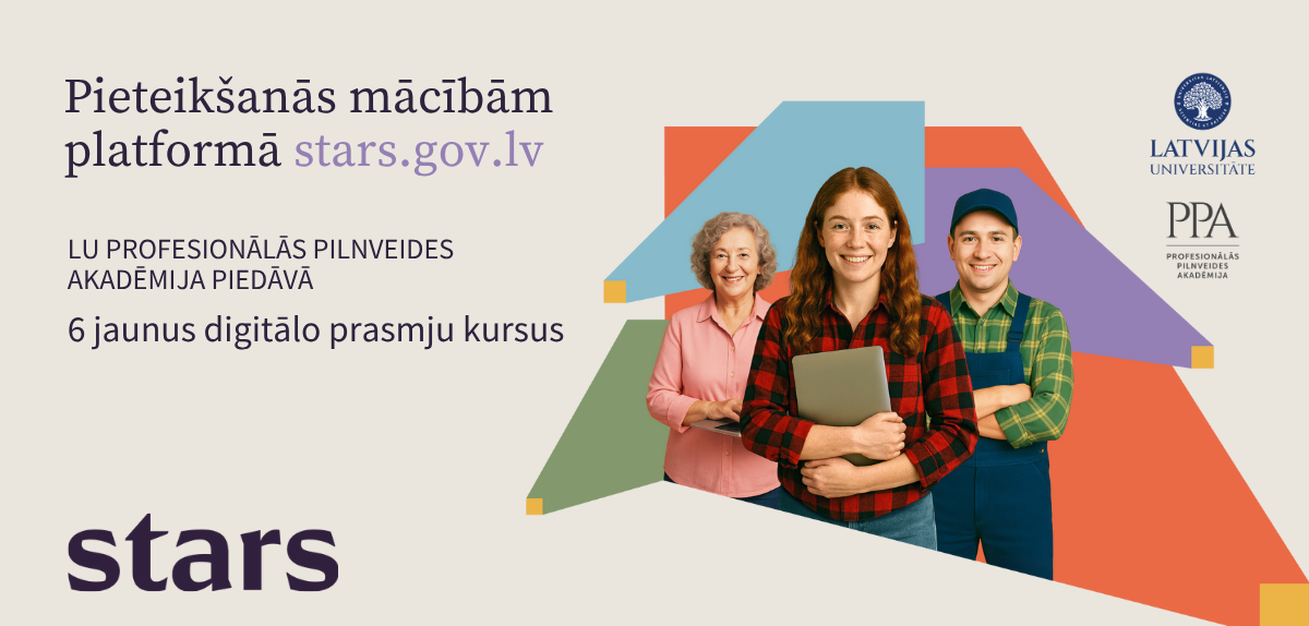 Informācija par pieteikšanos mācībām platformā stars.gov.lv, kur LU Profesionālās pilnveides akadēmija piedāvā 6 jaunus digitālo prasmju kursus. Redzami trīs cilvēki ar mācību materiāliem rokās, fonā krāsaini ģeometriski elementi, kreisajā pusē teksts ar informāciju un apakšā uzraksts “stars”, labajā pusē LU un PPA logotipi.