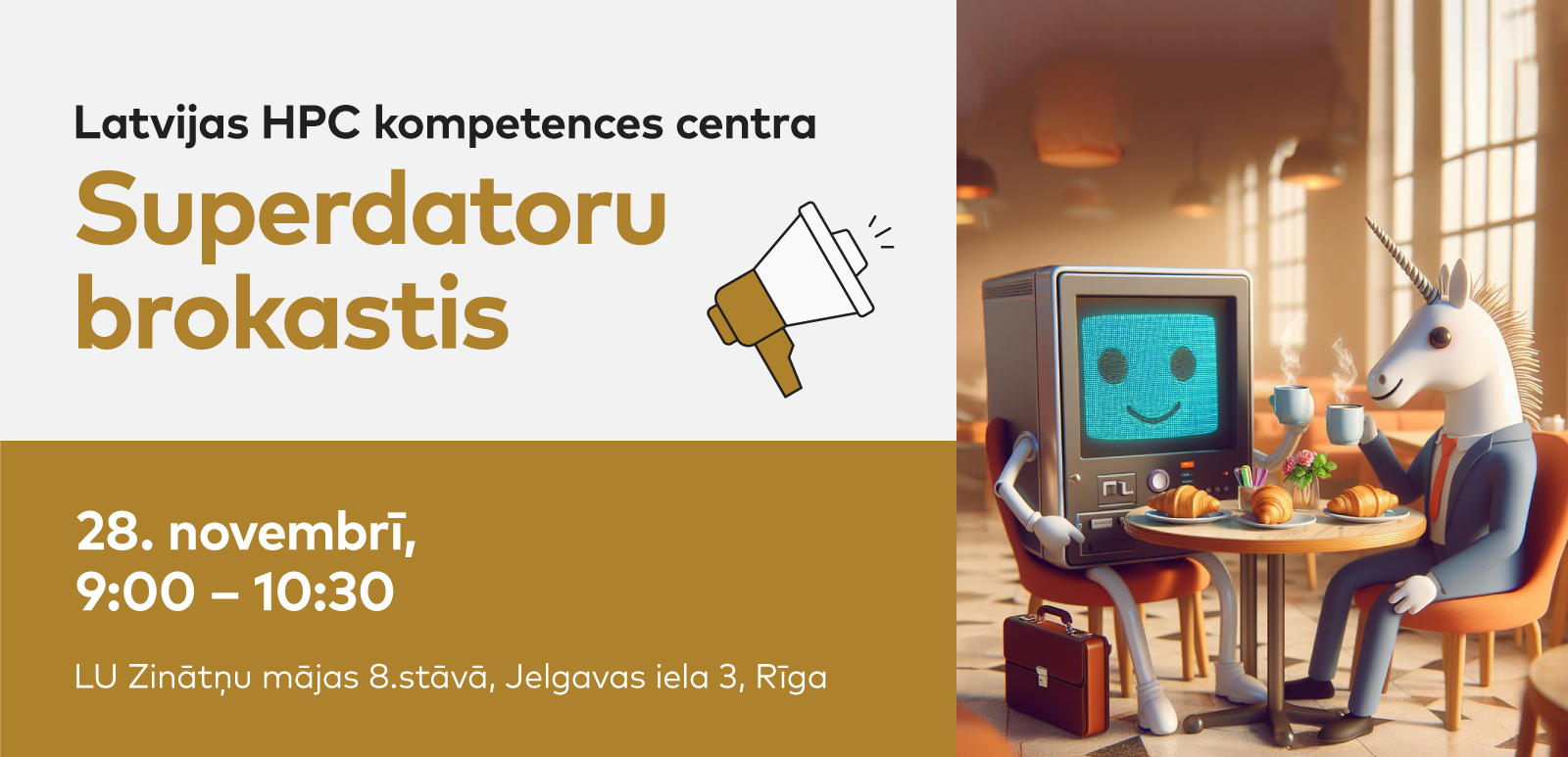 Ilustrācija: vienradzis pie galda ar superdatoru