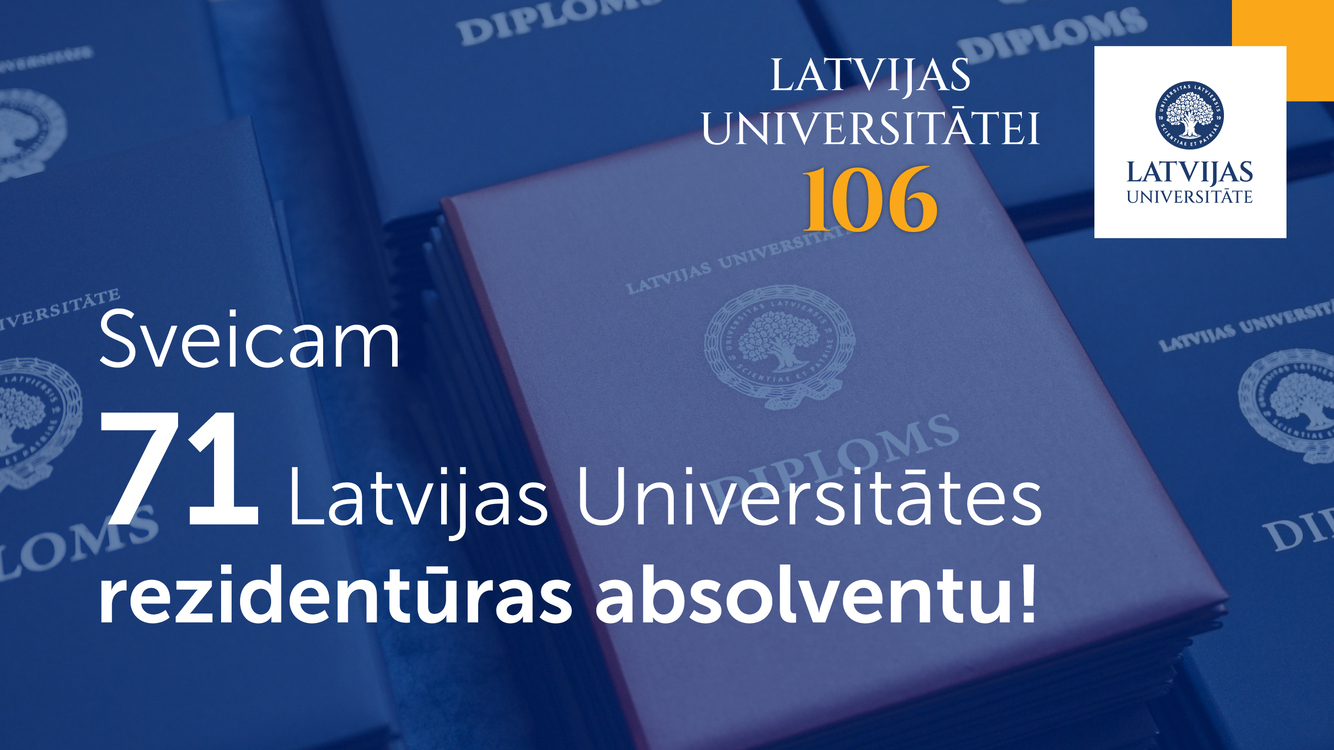 Latvijas Universitātes vizuālis ar diplomiem fonā un uzrakstu "Sveicam 71 Latvijas Universitātes rezidentūras absolventu!", papildināts ar tekstu "Latvijas Universitātei 106" un LU logo