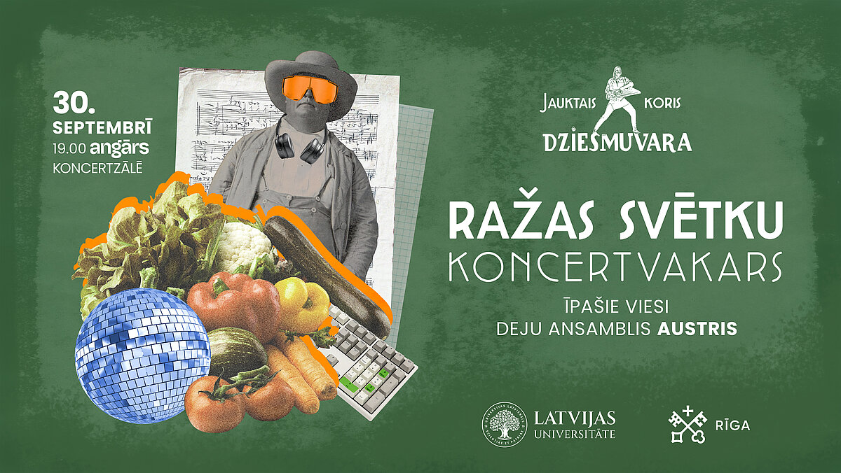 Plakāts ar informāciju par jauktā kora “Dziesmuvara” Ražas svētku koncertvakaru 30. septembrī koncertzālē “Angārs”, īpašie viesi – deju ansamblis “Austris”. Fonā kolāža ar dārzeņiem, disko bumbu un cilvēku ar brillēm