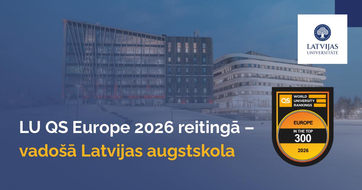 Latvijas Universitātes ēku vizuālais attēls ar uzrakstu ‘LU QS Europe 2026 reitingā – vadošā Latvijas augstskola’ un QS World University Rankings Europe 2026 ‘Top 300’ emblēmu