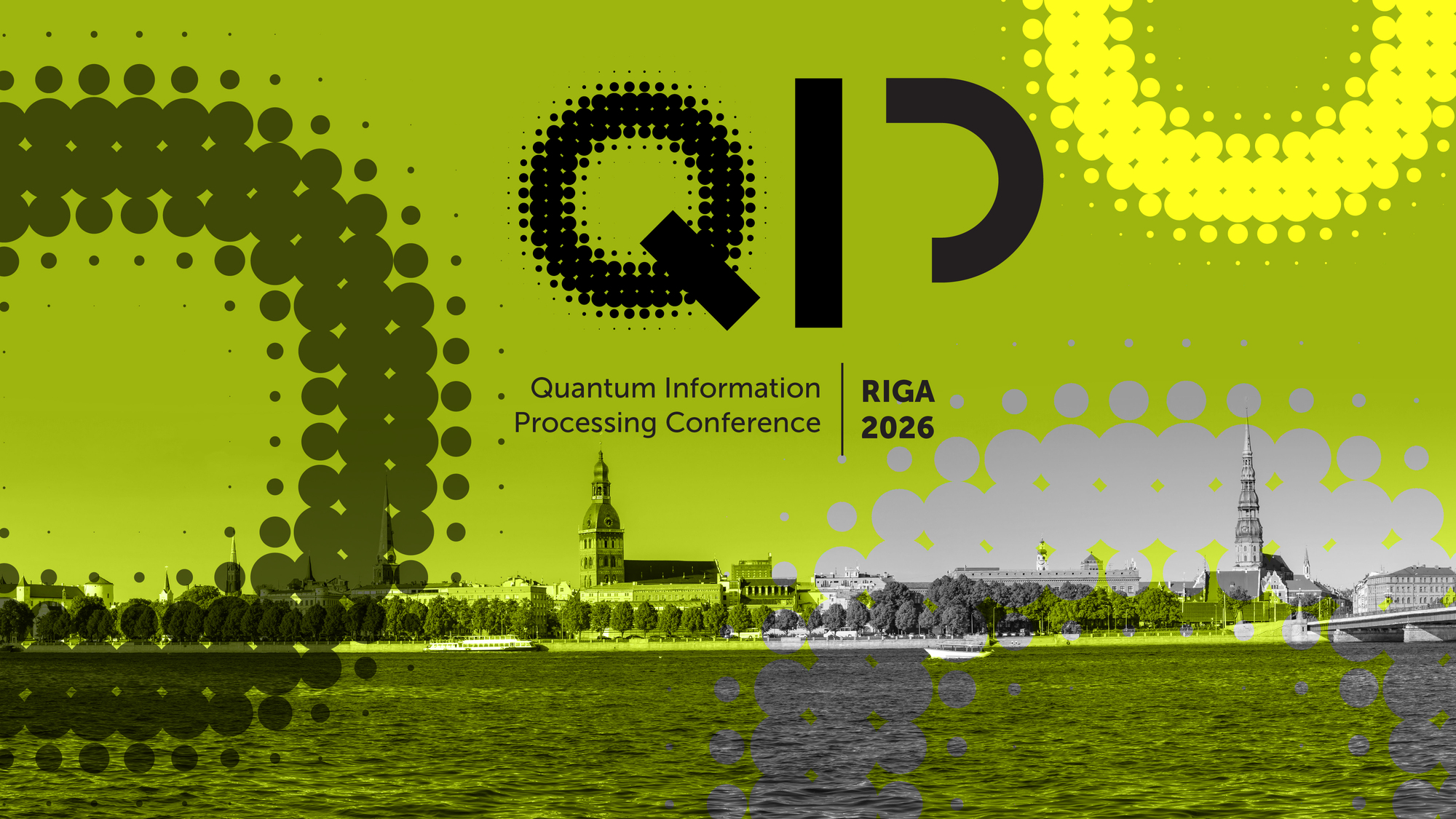 Graphic for the Quantum Information Processing Conference 2026 in Riga, featuring stylized ‘QIP’ lettering over a cityscape of Riga by the river.