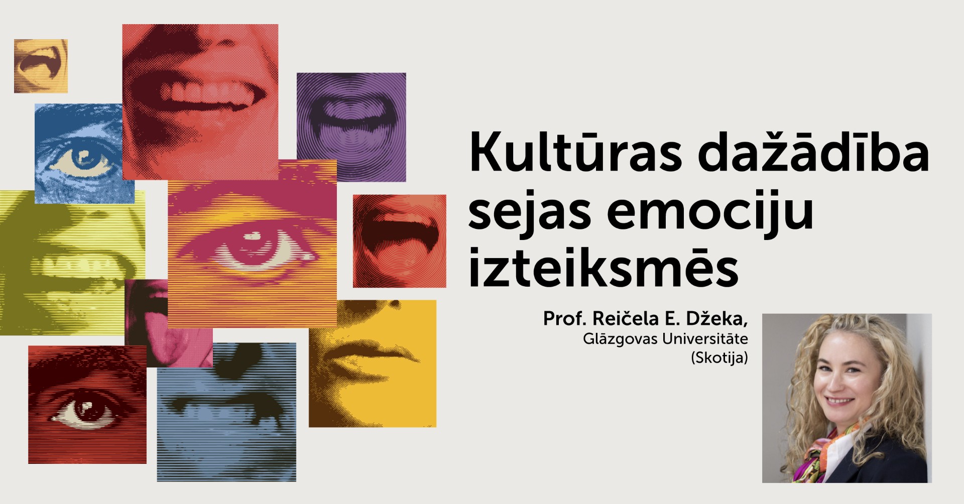 Krāsainu sejas emociju fragmentu kolāža un informācija par lekciju 