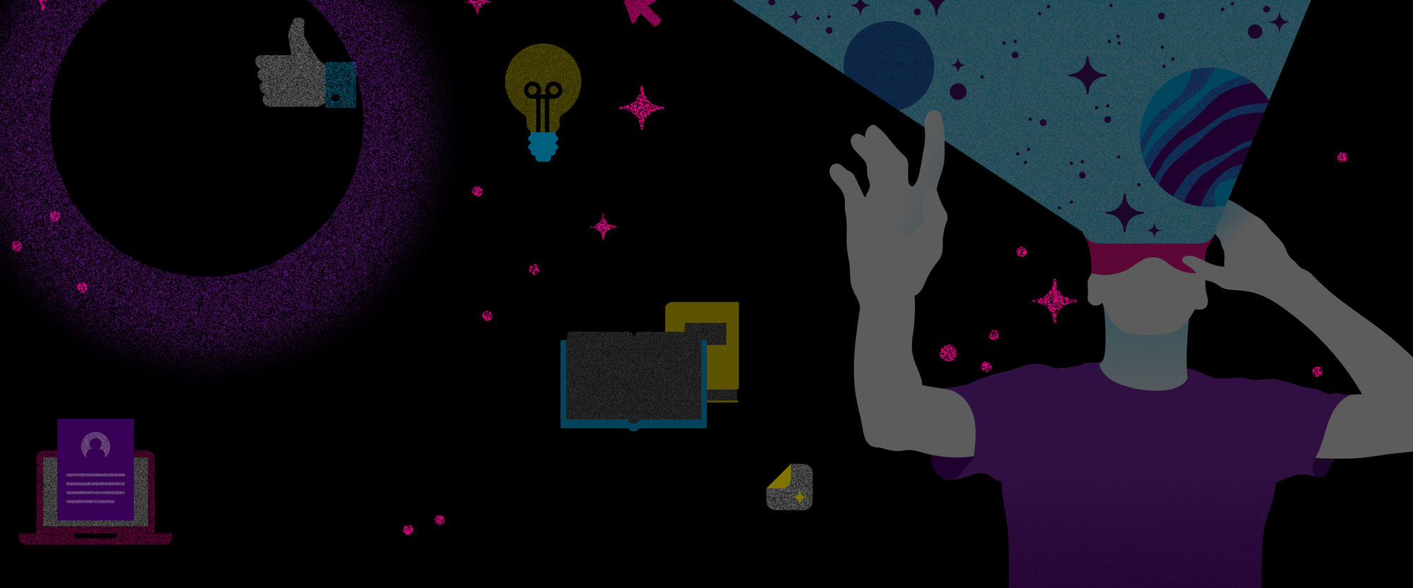 Ilustrācija ar cilvēka siluetu violetā kreklā, kurš skatās caur virtuālās realitātes ierīci uz kosmisku skatu ar planētām un zvaigznēm.