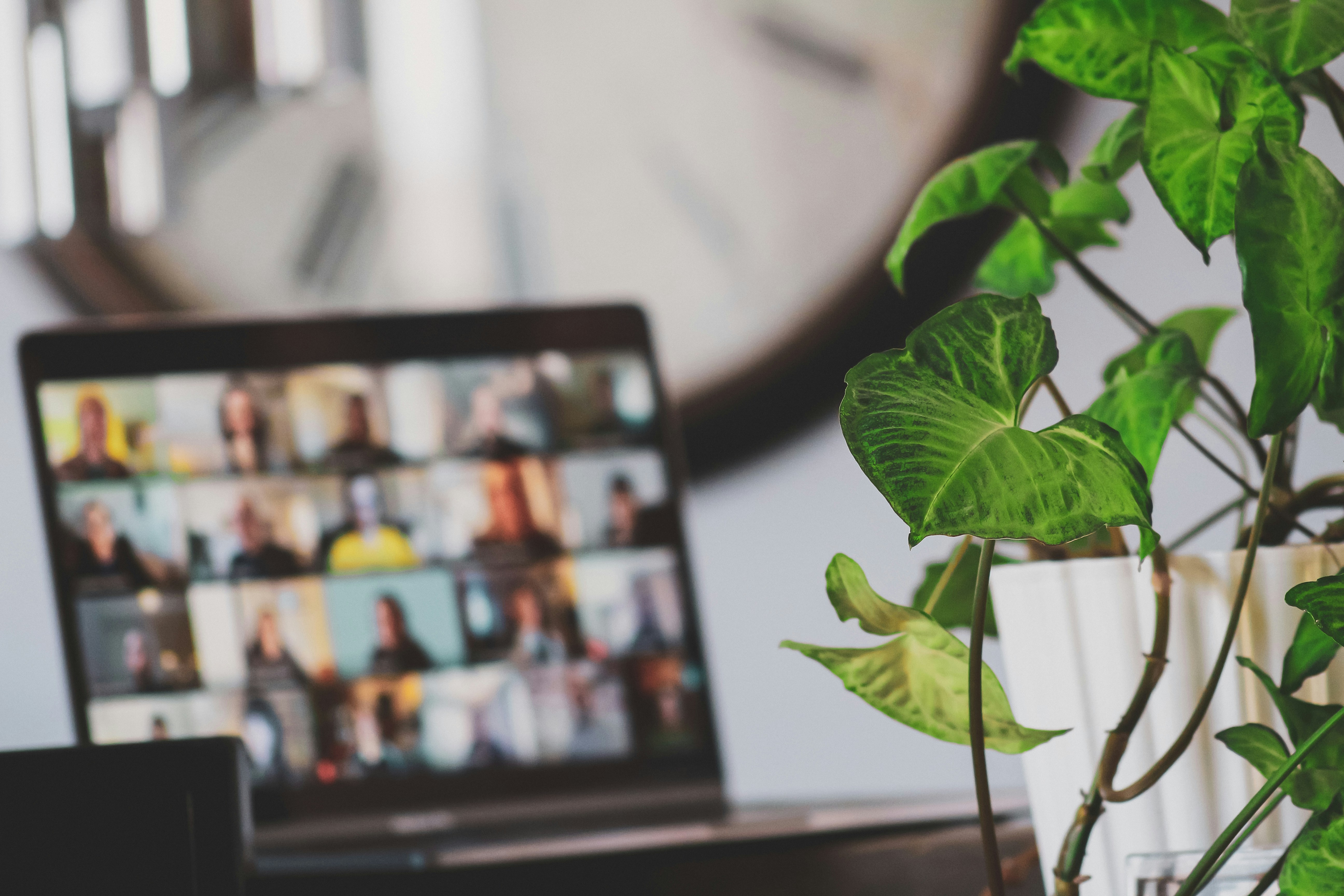 Online meeting, portatīvais dators uz galda. Uz ekrāna dalibnikei