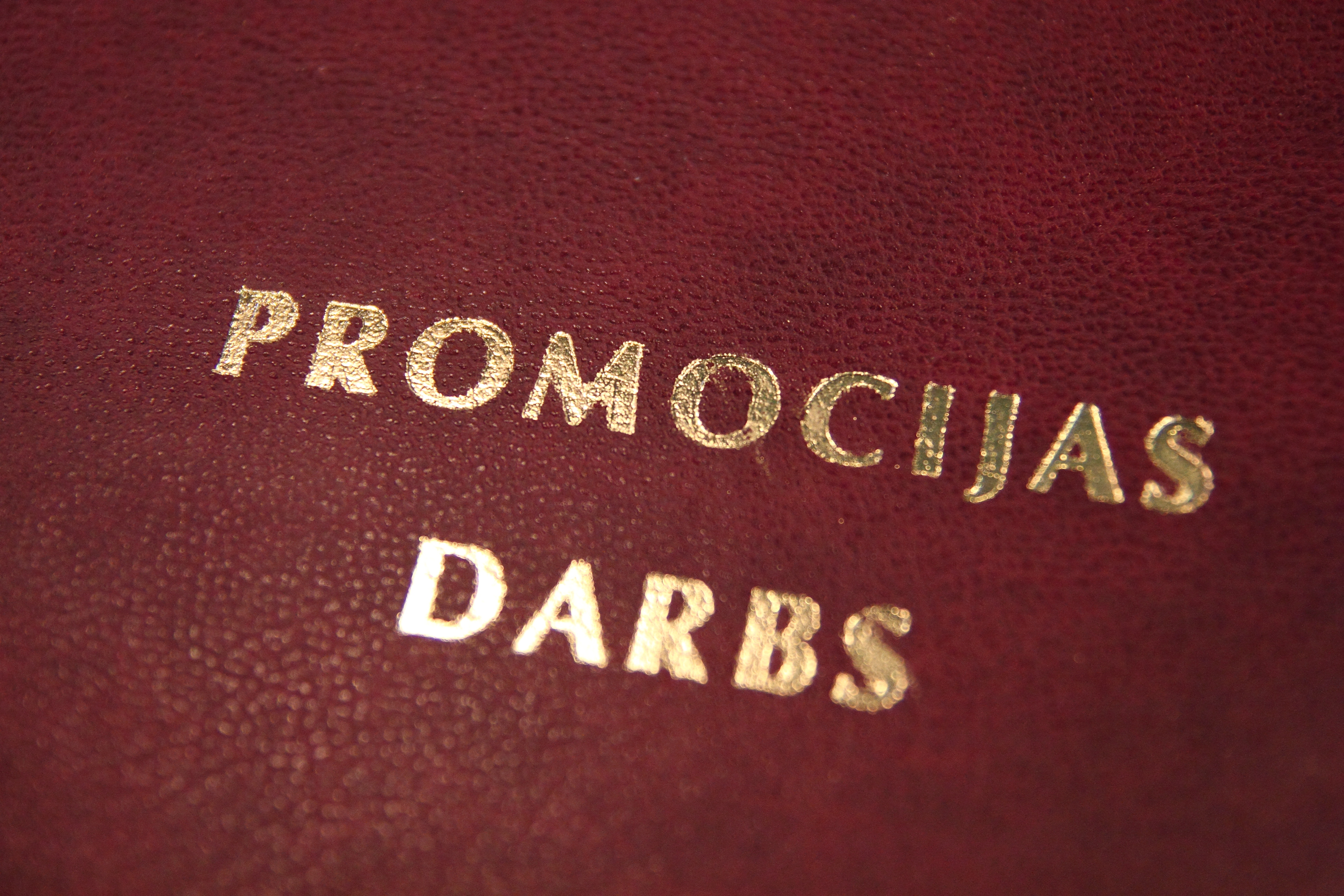 Latvijas Universitātes promocijas darbs ar tumši sarkanu vāku un zeltītiem uzrakstiem "Latvijas Universitāte. Promocijas darbs", novietots starp atvērtām grāmatām.