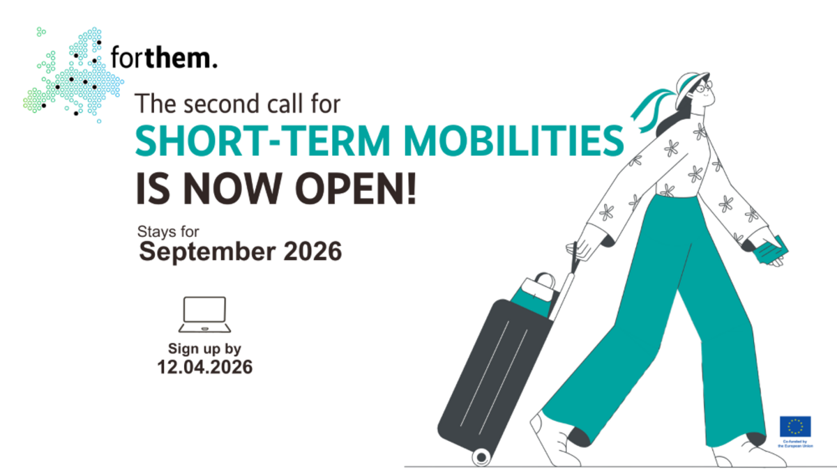 Promotional banner for ‘for them’ short-term mobilities program. Text announces the second call is open for September 2026, with application deadline 12.04.2026. Illustration shows a person walking with a suitcase, symbolizing travel or mobility. European Union logo displayed