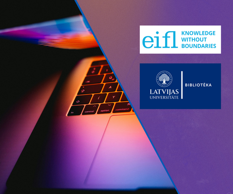 Tuvplānā neona izgaismota klēpjdatora tastatūra un labajā pusē logotipi “eif” un “Latvijas Universitāte | Bibliotēka”