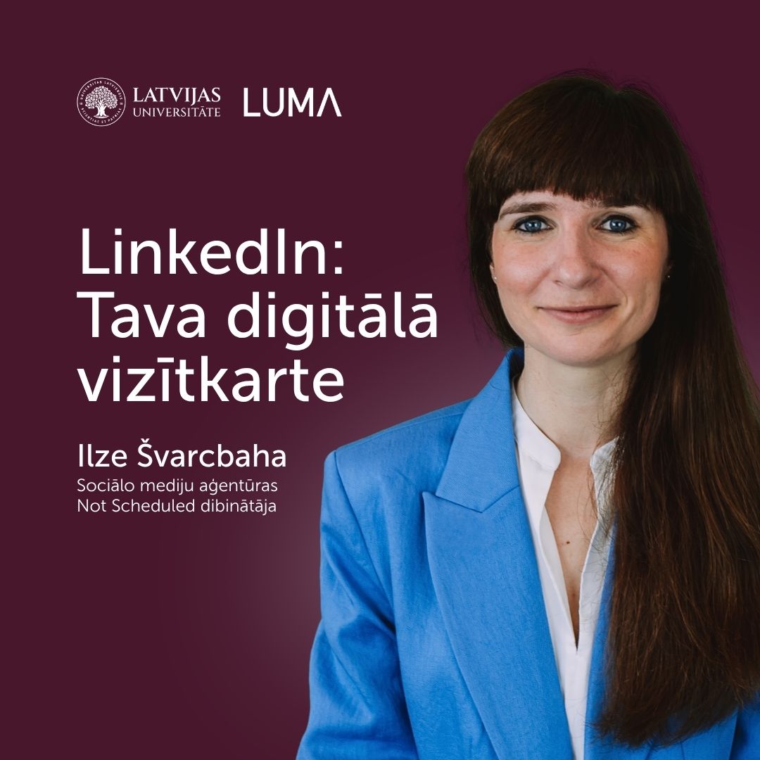 Reklāmas vizuālis par LinkedIn semināru ar lektora portretu un informāciju par digitālo vizītkarti.
