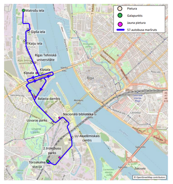 Autobusa maršruta karte no Torņakalna stacijas līdz Matrožu ielai, iekļaujot pieturas pie LU Akadēmiskā centra, Nacionālās bibliotēkas un Ķīpsalas.