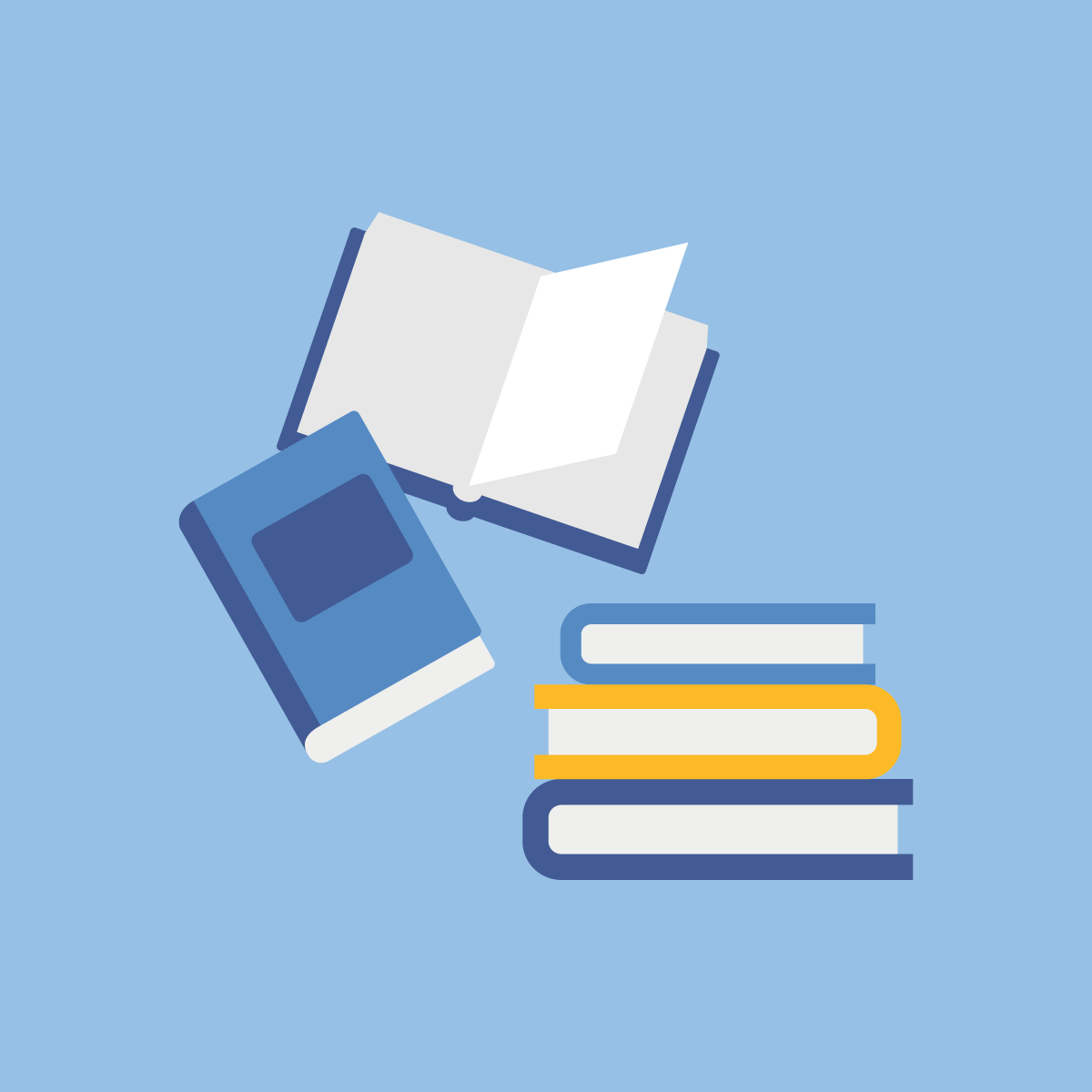 Alt teksts:  Stilizēta atvērtas grāmatas un grāmatu kaudzes ikona zilā, baltā un dzeltenā krāsā uz gaiši zila fona, simbolizējot bibliotēku, mācību materiālus un zināšanu apguvi.